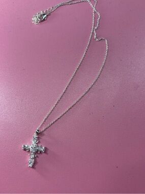 Sterling Silver Cross Necklace with Clear Stones - Silver